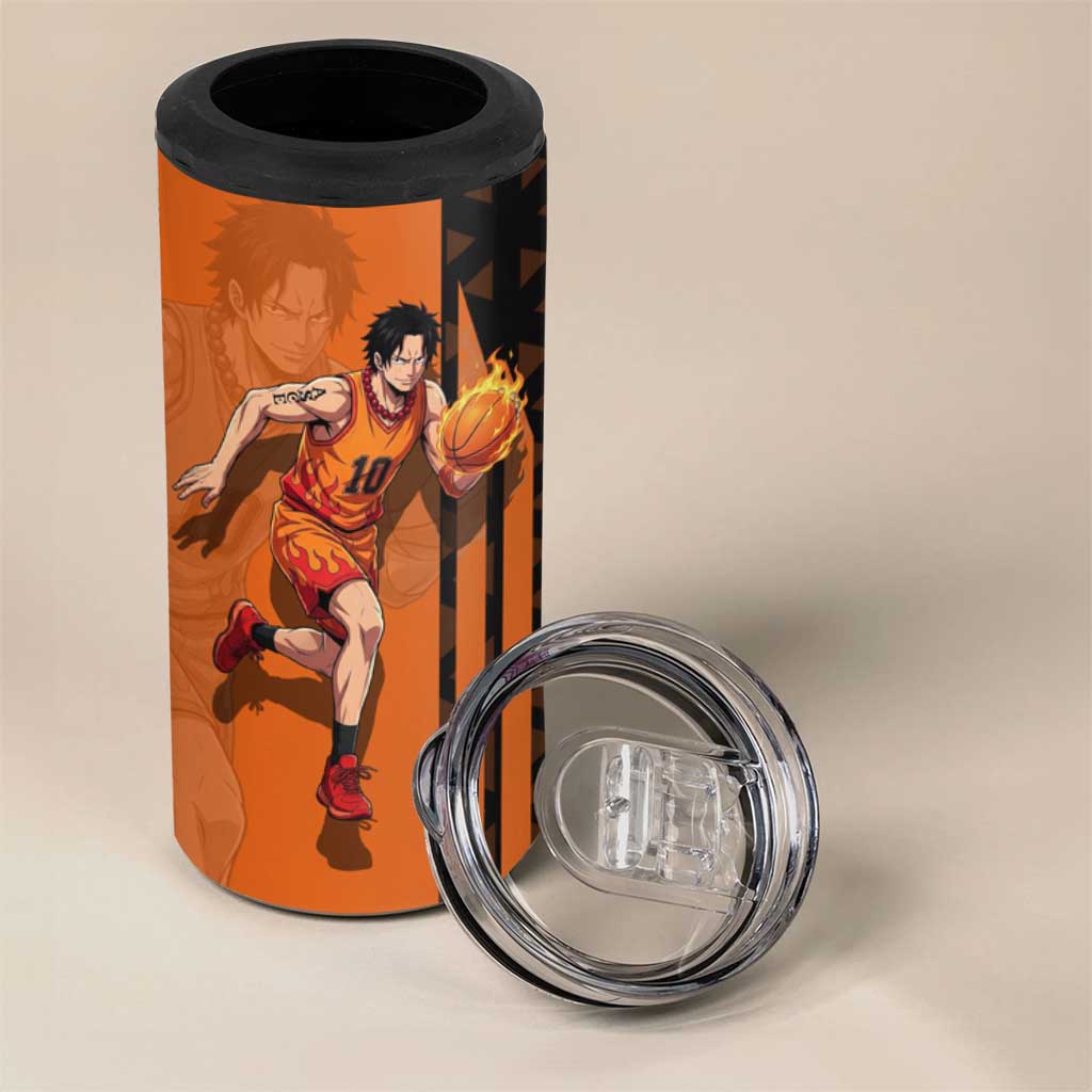 Portgas D Ace One Piece Basketball Theme Orange and Black Design 4 in 1 Can Cooler Tumbler with Flame Ball and Whitebeard Pirates Emblem - The Mazicc