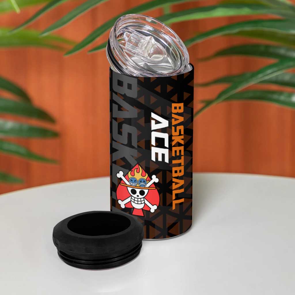 Portgas D Ace One Piece Basketball Theme Orange and Black Design 4 in 1 Can Cooler Tumbler with Flame Ball and Whitebeard Pirates Emblem - The Mazicc