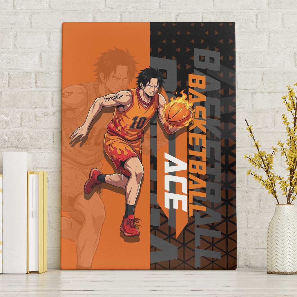 Portgas D Ace One Piece Basketball Theme Orange and Black Design Canvas Wall Art with Flame Ball and Whitebeard Pirates Emblem - The Mazicc