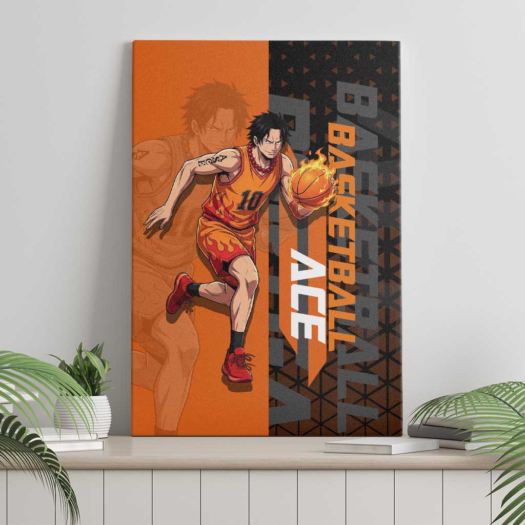 Portgas D Ace One Piece Basketball Theme Orange and Black Design Canvas Wall Art with Flame Ball and Whitebeard Pirates Emblem - The Mazicc