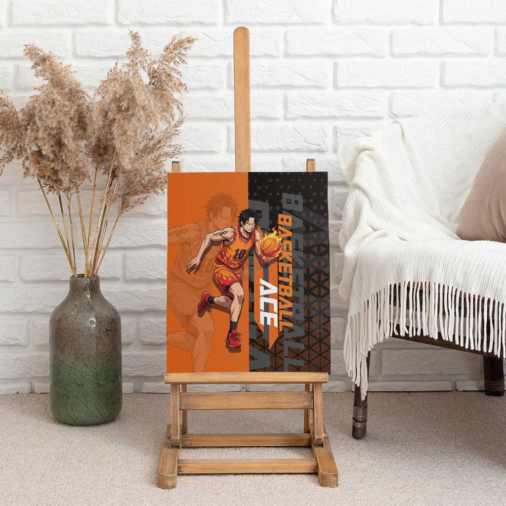 Portgas D Ace One Piece Basketball Theme Orange and Black Design Canvas Wall Art with Flame Ball and Whitebeard Pirates Emblem - The Mazicc