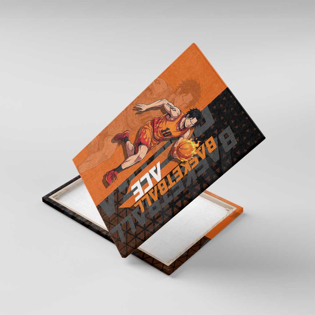 Portgas D Ace One Piece Basketball Theme Orange and Black Design Canvas Wall Art with Flame Ball and Whitebeard Pirates Emblem - The Mazicc