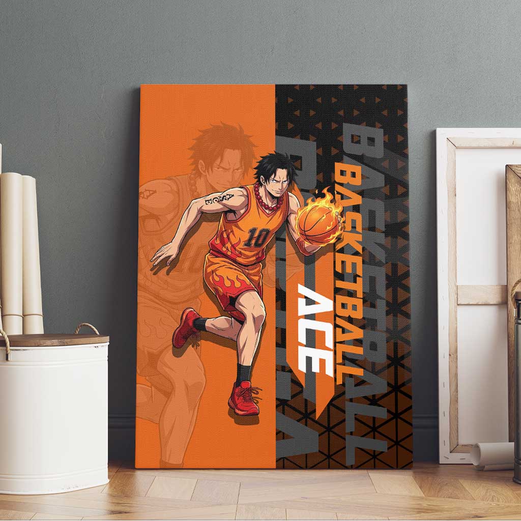 Portgas D Ace One Piece Basketball Theme Orange and Black Design Canvas Wall Art with Flame Ball and Whitebeard Pirates Emblem - The Mazicc