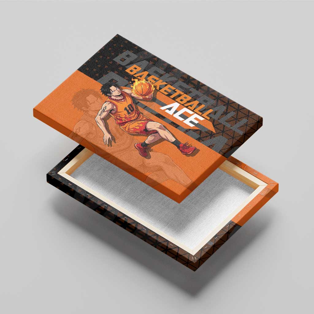 Portgas D Ace One Piece Basketball Theme Orange and Black Design Canvas Wall Art with Flame Ball and Whitebeard Pirates Emblem - The Mazicc