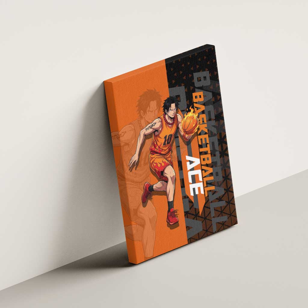 Portgas D Ace One Piece Basketball Theme Orange and Black Design Canvas Wall Art with Flame Ball and Whitebeard Pirates Emblem - The Mazicc