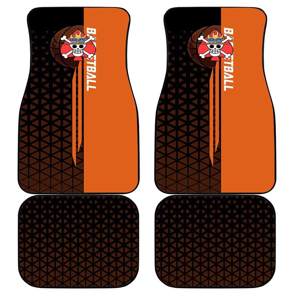 Portgas D Ace One Piece Basketball Theme Orange and Black Design Car Mats with Flame Ball and Whitebeard Pirates Emblem - The Mazicc