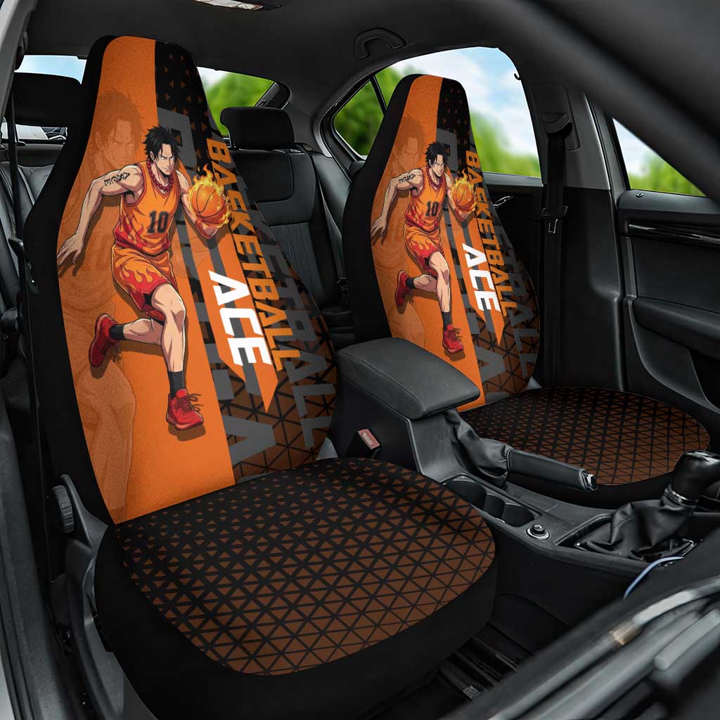 Portgas D Ace One Piece Basketball Theme Orange and Black Design Car Seat Cover with Flame Ball and Whitebeard Pirates Emblem - The Mazicc