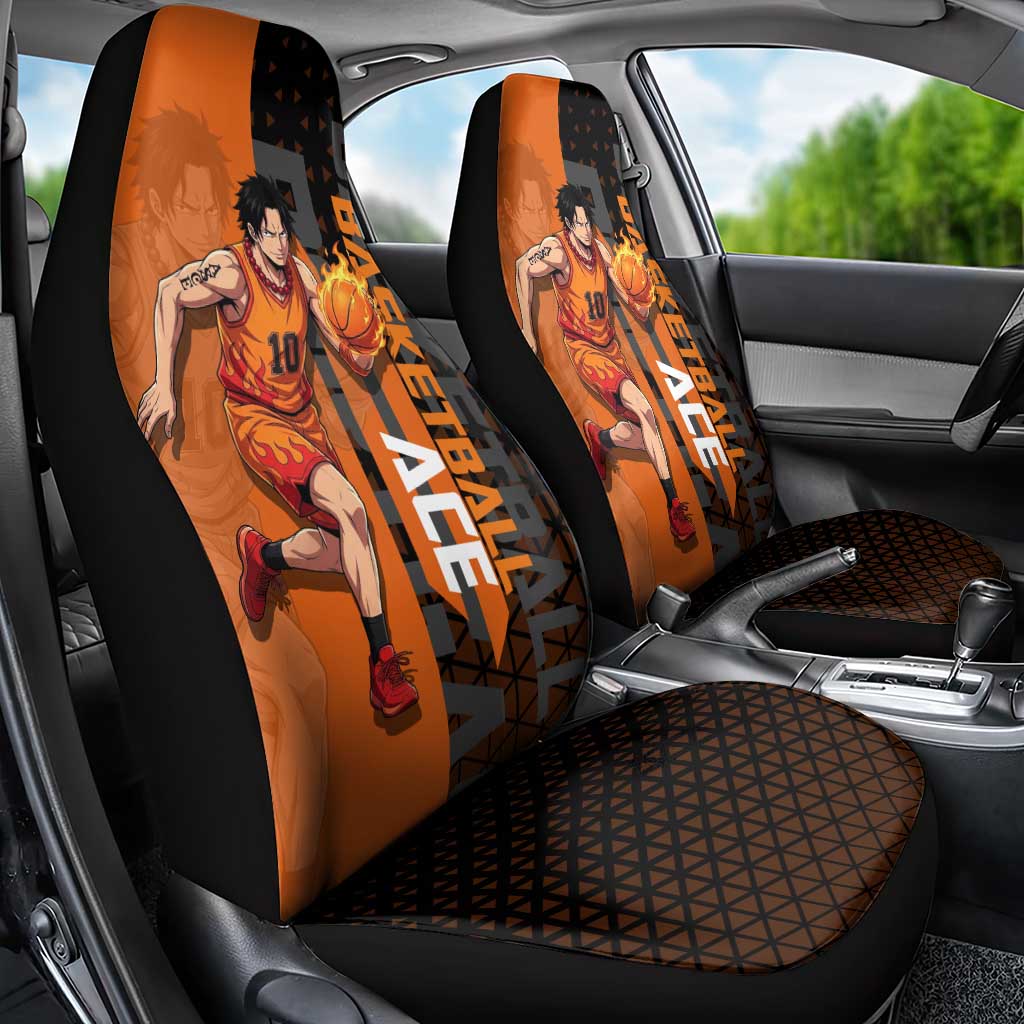 Portgas D Ace One Piece Basketball Theme Orange and Black Design Car Seat Cover with Flame Ball and Whitebeard Pirates Emblem - The Mazicc