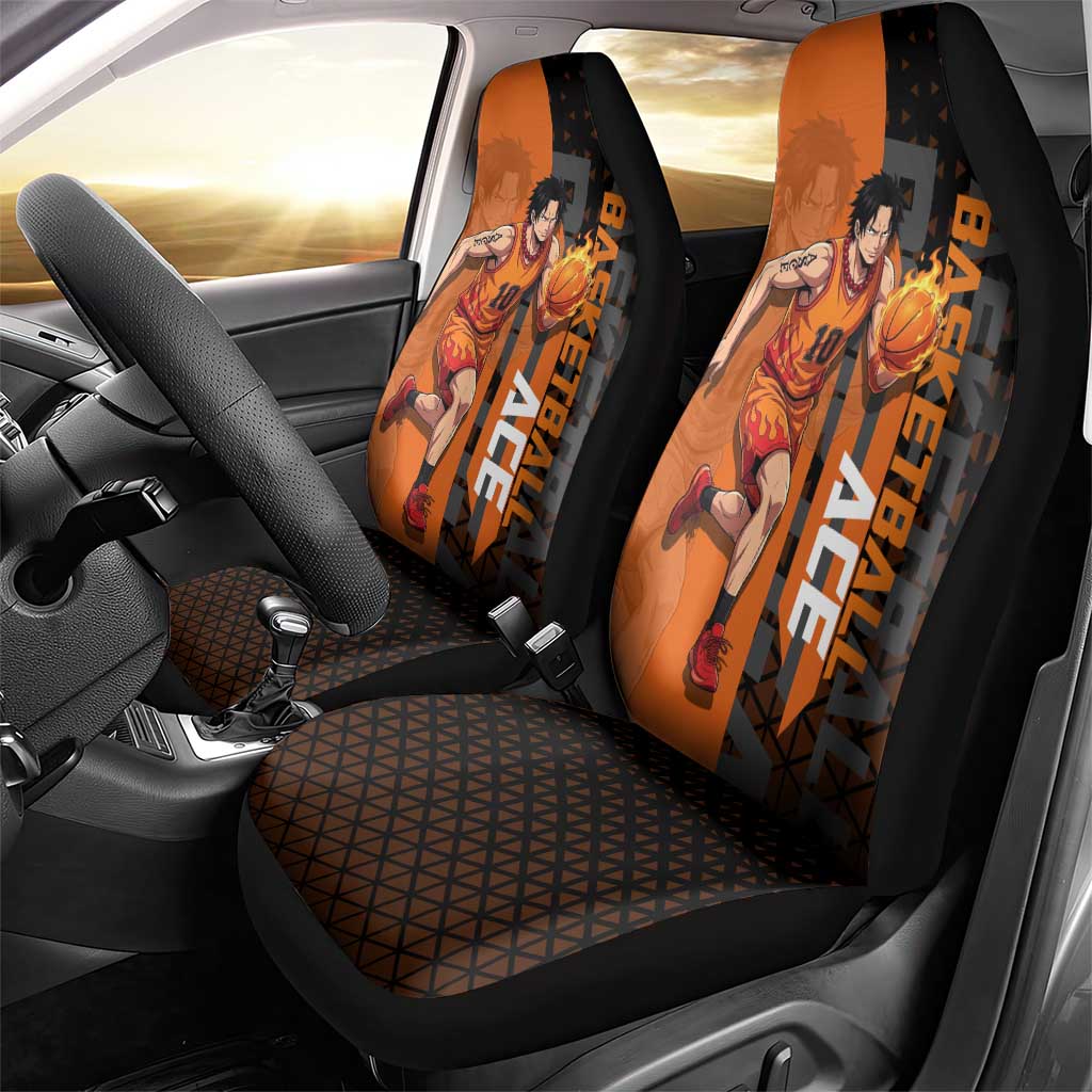 Portgas D Ace One Piece Basketball Theme Orange and Black Design Car Seat Cover with Flame Ball and Whitebeard Pirates Emblem - The Mazicc