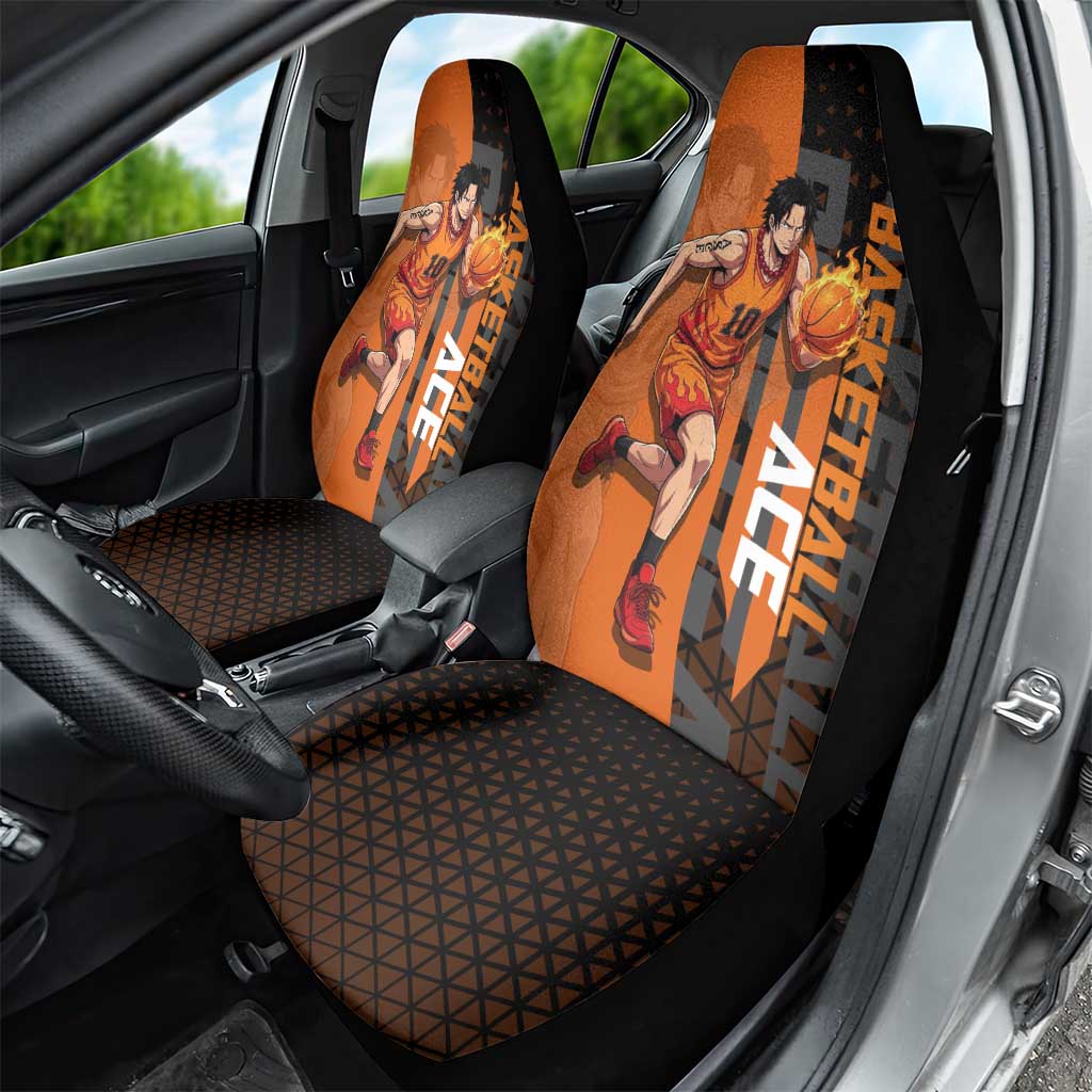 Portgas D Ace One Piece Basketball Theme Orange and Black Design Car Seat Cover with Flame Ball and Whitebeard Pirates Emblem - The Mazicc
