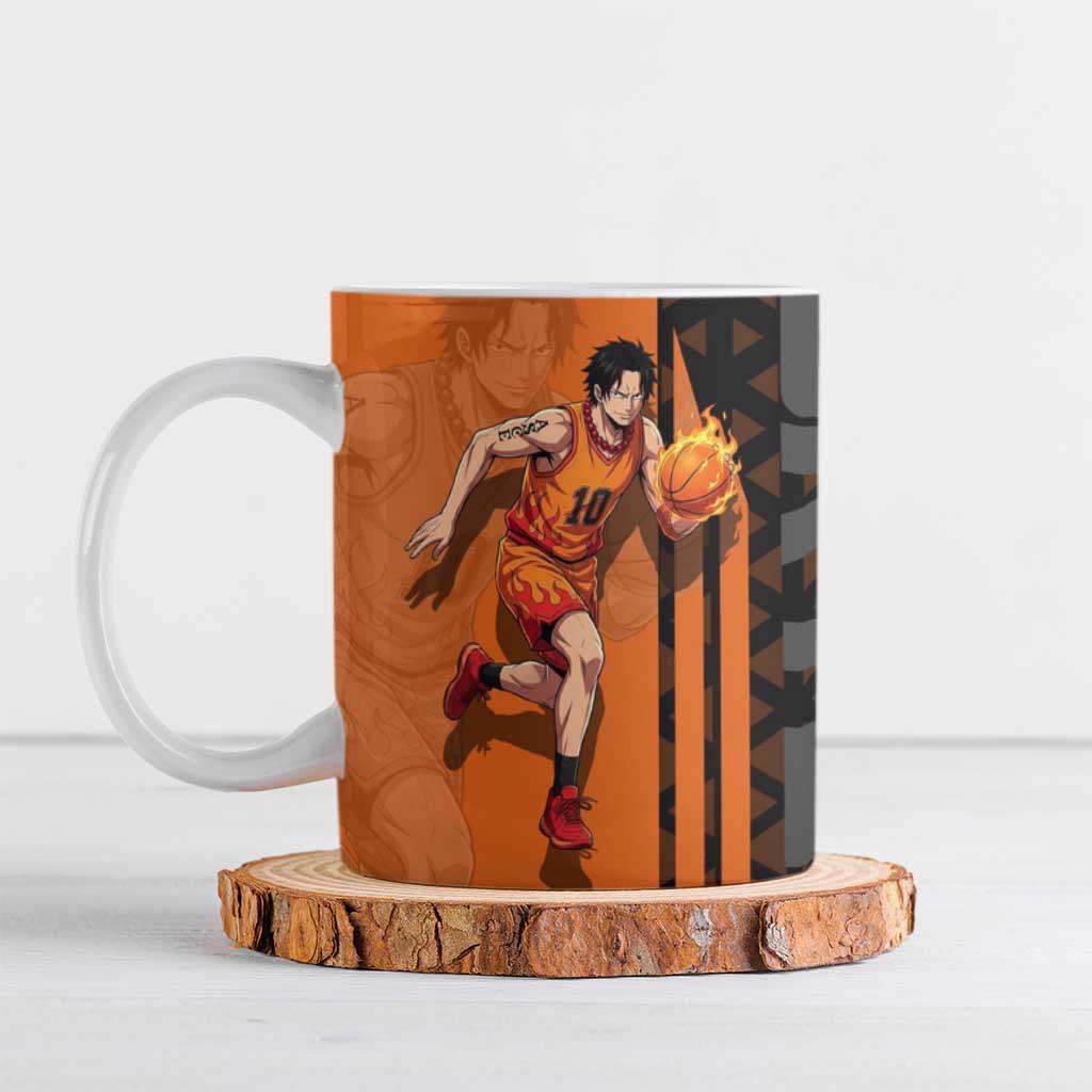 Portgas D Ace One Piece Basketball Theme Orange and Black Design Ceramic Mug with Flame Ball and Whitebeard Pirates Emblem - The Mazicc