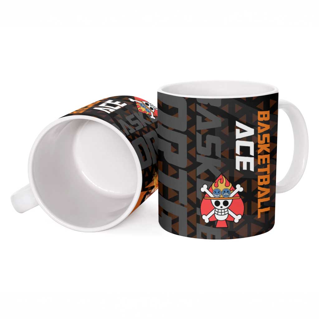 Portgas D Ace One Piece Basketball Theme Orange and Black Design Ceramic Mug with Flame Ball and Whitebeard Pirates Emblem - The Mazicc
