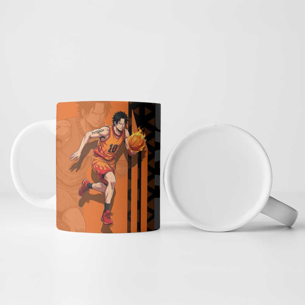 Portgas D Ace One Piece Basketball Theme Orange and Black Design Ceramic Mug with Flame Ball and Whitebeard Pirates Emblem - The Mazicc