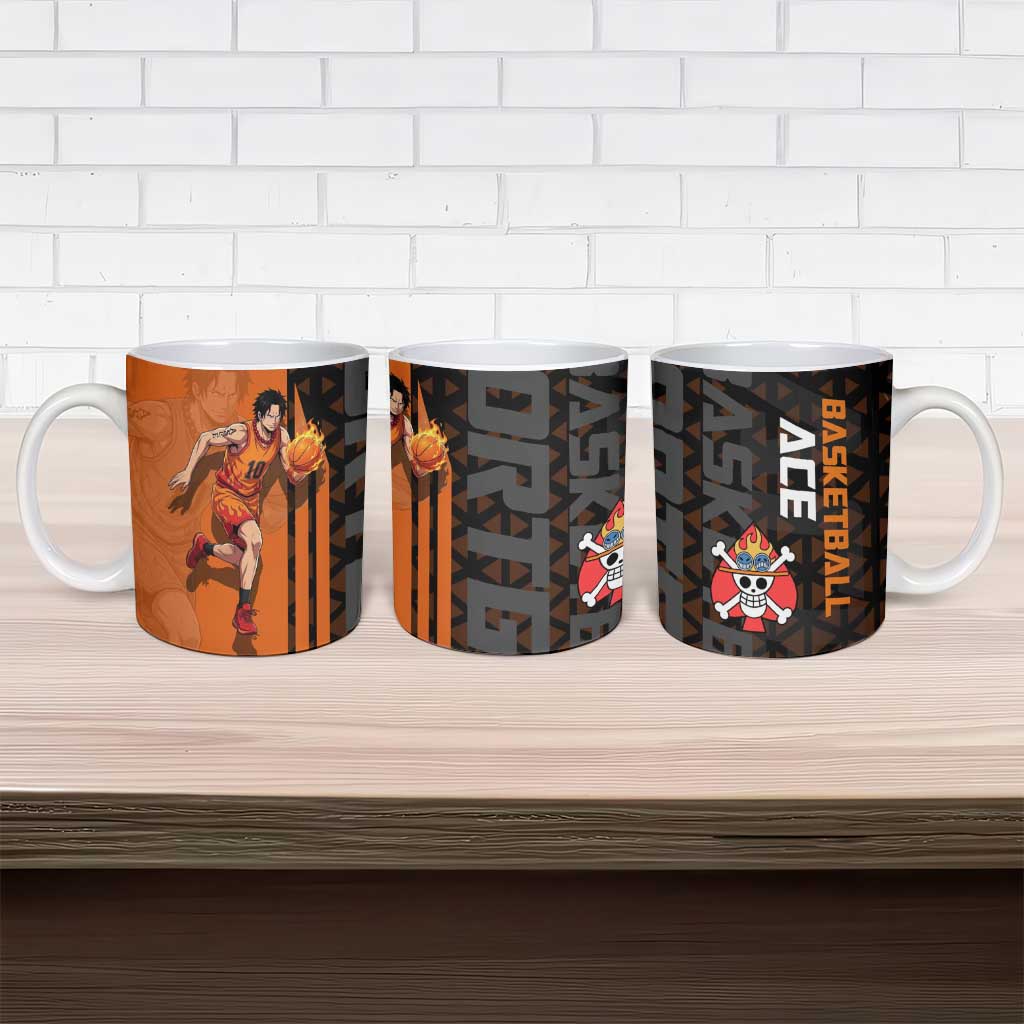 Portgas D Ace One Piece Basketball Theme Orange and Black Design Ceramic Mug with Flame Ball and Whitebeard Pirates Emblem - The Mazicc