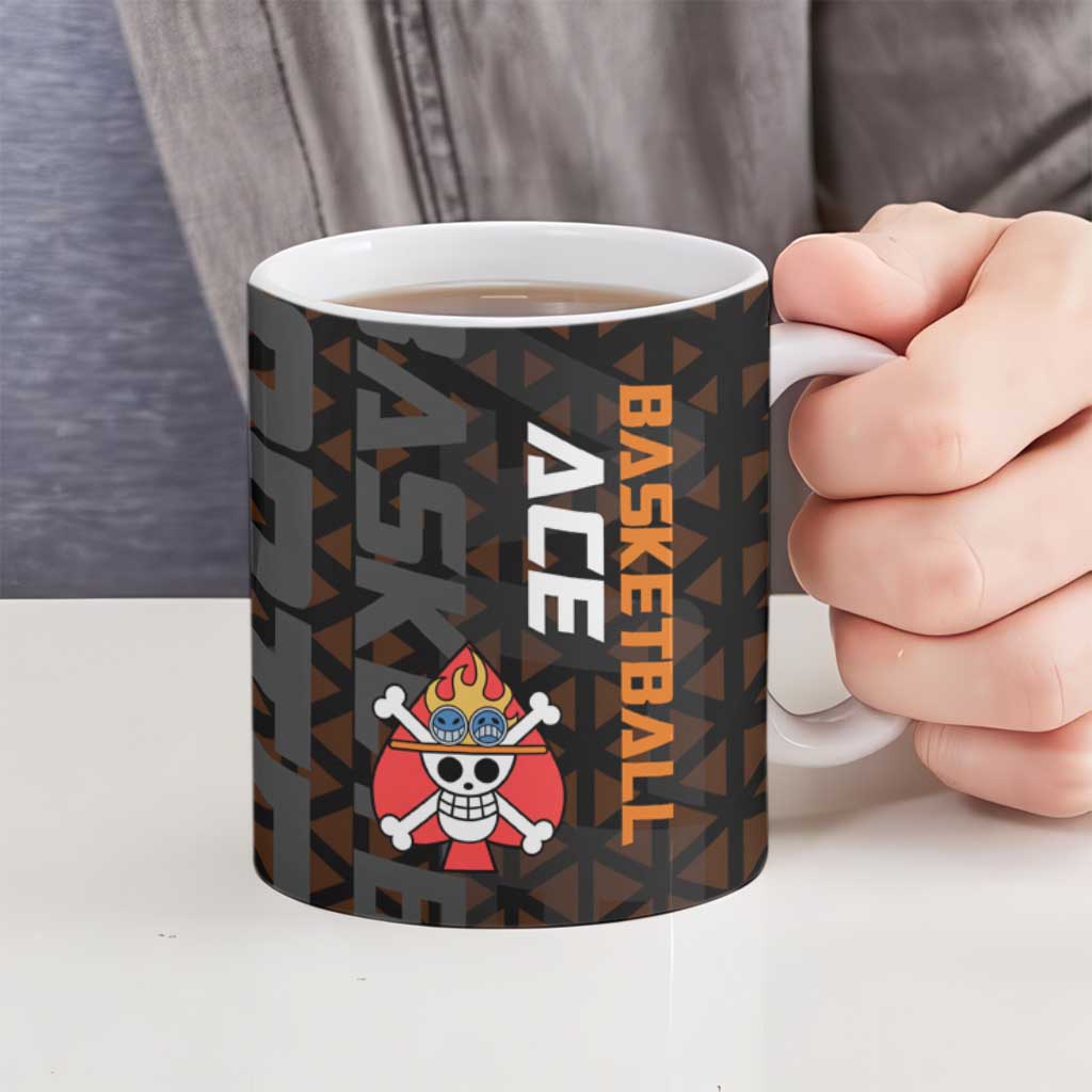 Portgas D Ace One Piece Basketball Theme Orange and Black Design Ceramic Mug with Flame Ball and Whitebeard Pirates Emblem - The Mazicc