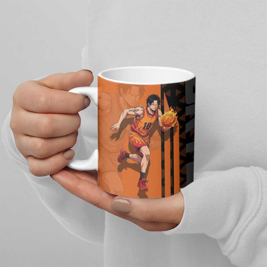 Portgas D Ace One Piece Basketball Theme Orange and Black Design Ceramic Mug with Flame Ball and Whitebeard Pirates Emblem - The Mazicc