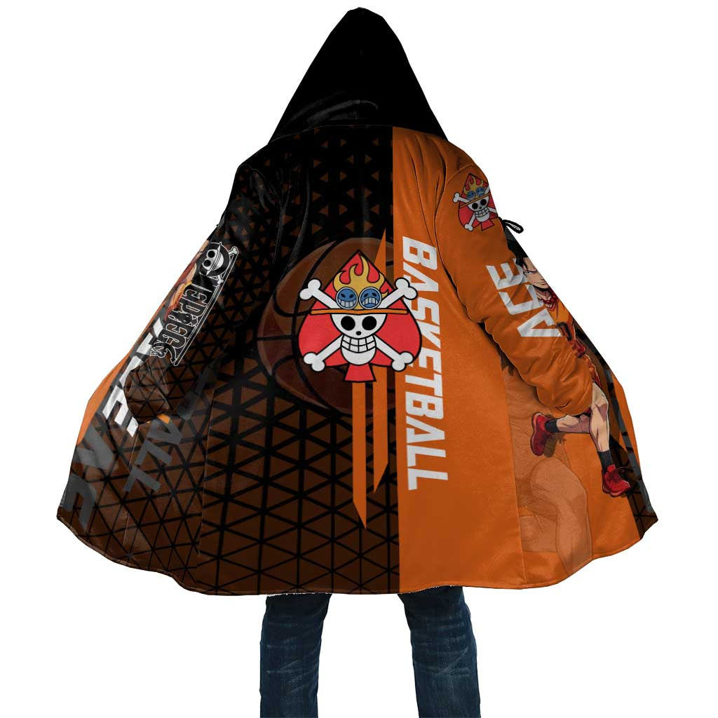 Portgas D Ace One Piece Basketball Theme Orange and Black Design Cloak with Flame Ball and Whitebeard Pirates Emblem - The Mazicc