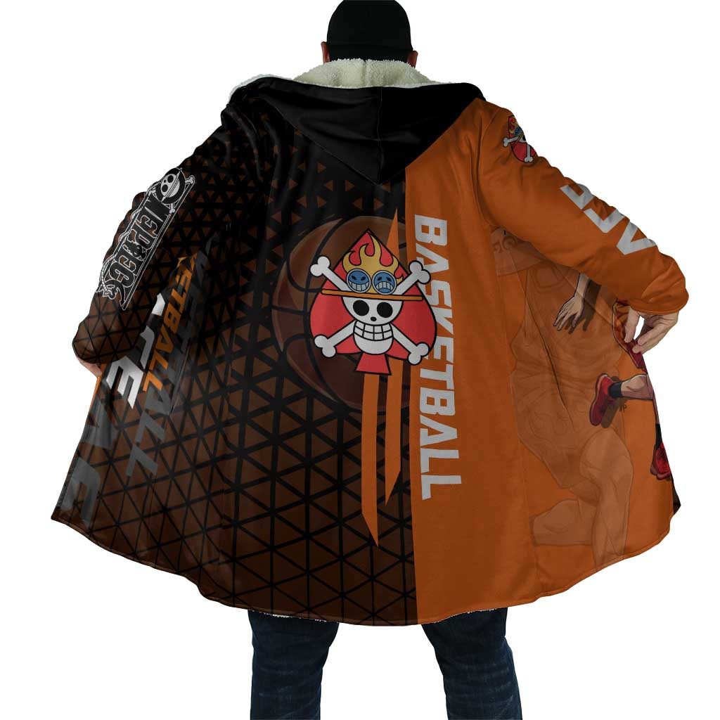 Portgas D Ace One Piece Basketball Theme Orange and Black Design Cloak with Flame Ball and Whitebeard Pirates Emblem - The Mazicc