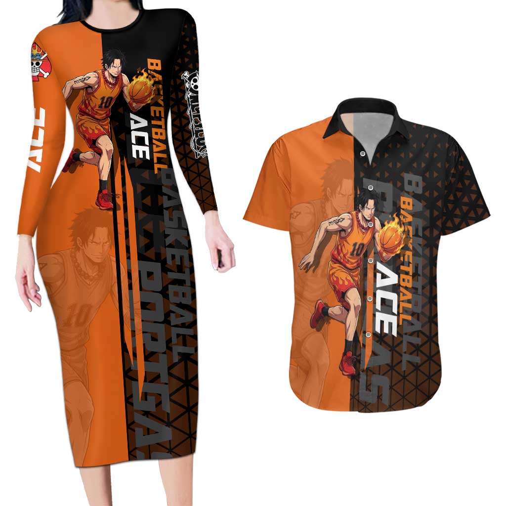 Portgas D Ace One Piece Basketball Theme Orange and Black Design Couples Matching Long Sleeve Bodycon Dress and Hawaiian Shirt with Flame Ball and Whitebeard Pirates Emblem - The Mazicc