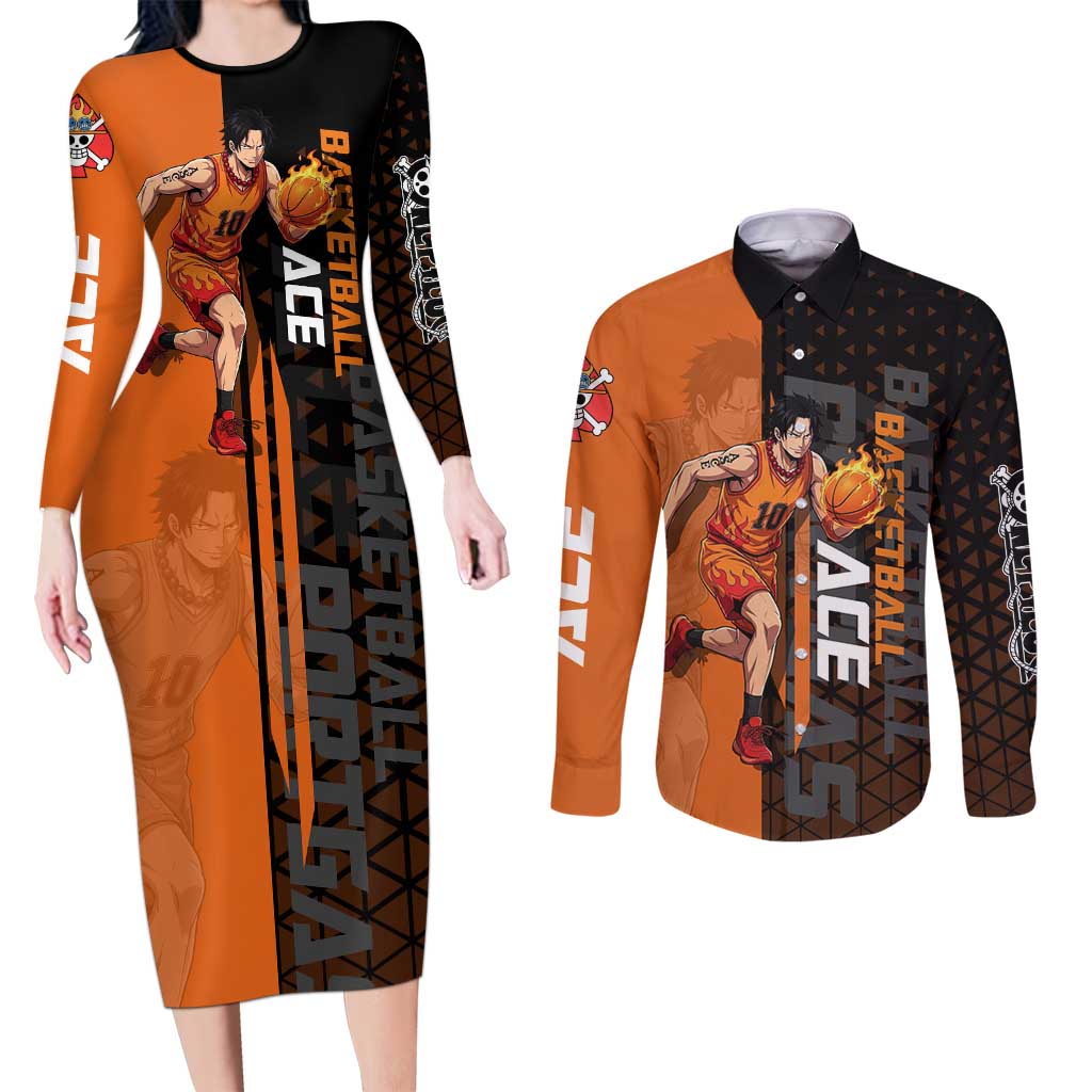 Portgas D Ace One Piece Basketball Theme Orange and Black Design Couples Matching Long Sleeve Bodycon Dress and Long Sleeve Button Shirt with Flame Ball and Whitebeard Pirates Emblem - The Mazicc
