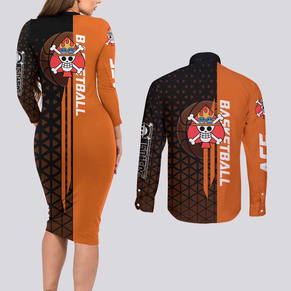 Portgas D Ace One Piece Basketball Theme Orange and Black Design Couples Matching Long Sleeve Bodycon Dress and Long Sleeve Button Shirt with Flame Ball and Whitebeard Pirates Emblem - The Mazicc