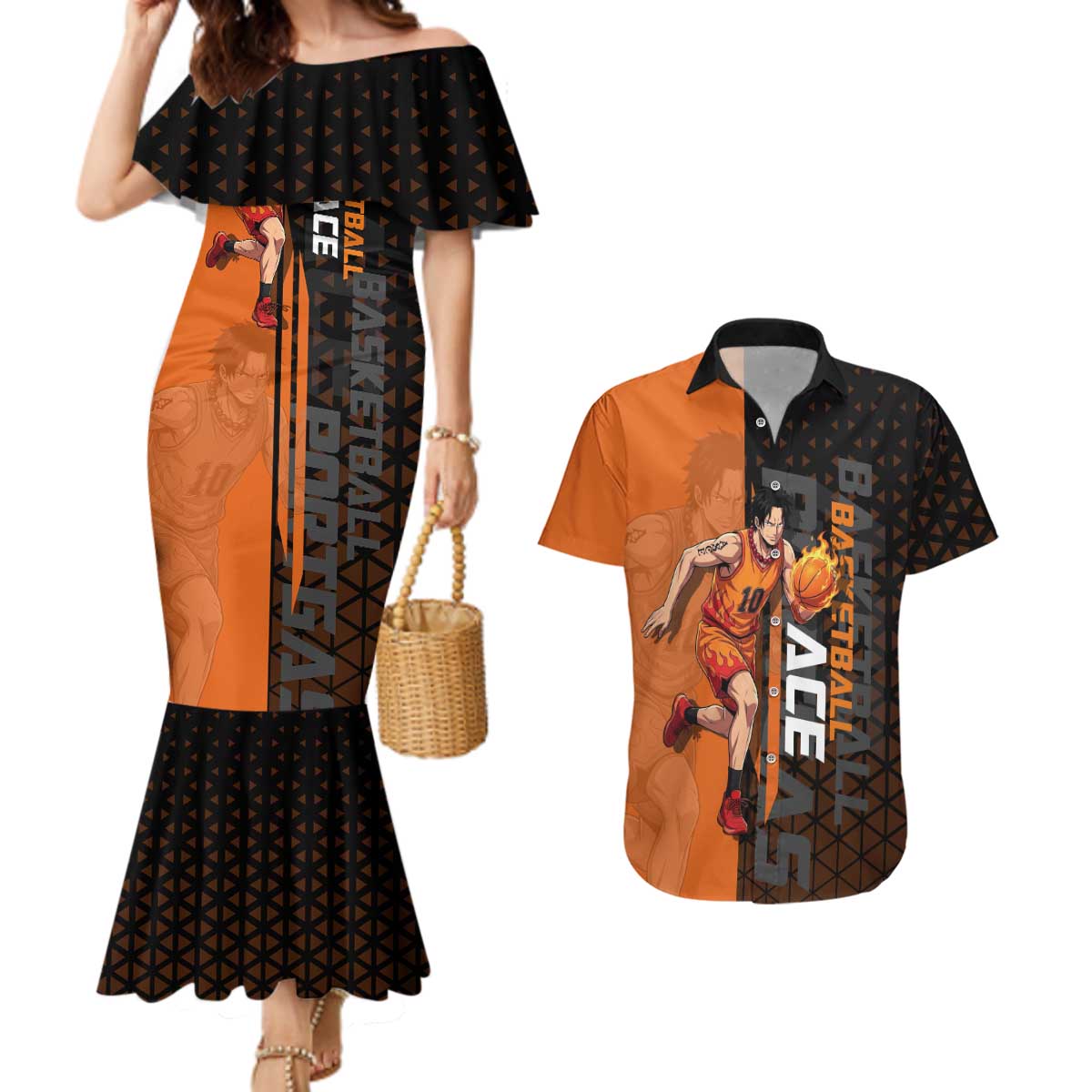 Portgas D Ace One Piece Basketball Theme Orange and Black Design Couples Matching Mermaid Dress and Hawaiian Shirt with Flame Ball and Whitebeard Pirates Emblem - The Mazicc