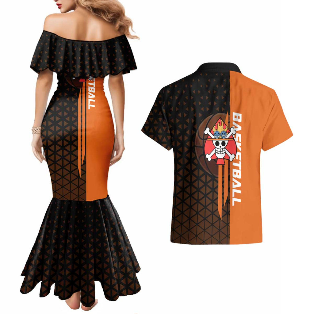 Portgas D Ace One Piece Basketball Theme Orange and Black Design Couples Matching Mermaid Dress and Hawaiian Shirt with Flame Ball and Whitebeard Pirates Emblem - The Mazicc