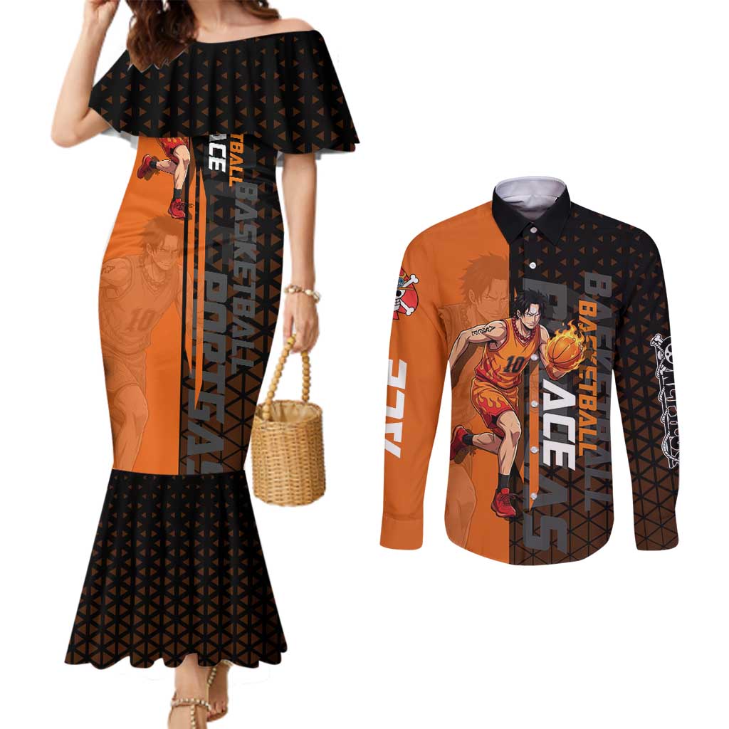 Portgas D Ace One Piece Basketball Theme Orange and Black Design Couples Matching Mermaid Dress and Long Sleeve Button Shirt with Flame Ball and Whitebeard Pirates Emblem - The Mazicc