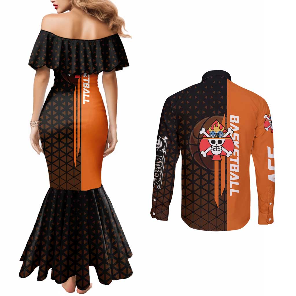 Portgas D Ace One Piece Basketball Theme Orange and Black Design Couples Matching Mermaid Dress and Long Sleeve Button Shirt with Flame Ball and Whitebeard Pirates Emblem - The Mazicc
