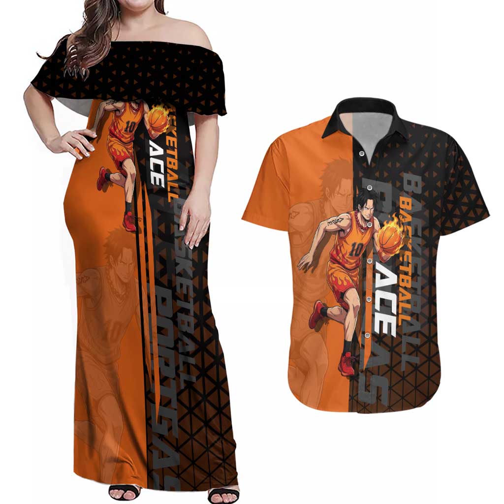 Portgas D Ace One Piece Basketball Theme Orange and Black Design Couples Matching Off Shoulder Maxi Dress and Hawaiian Shirt with Flame Ball and Whitebeard Pirates Emblem - The Mazicc