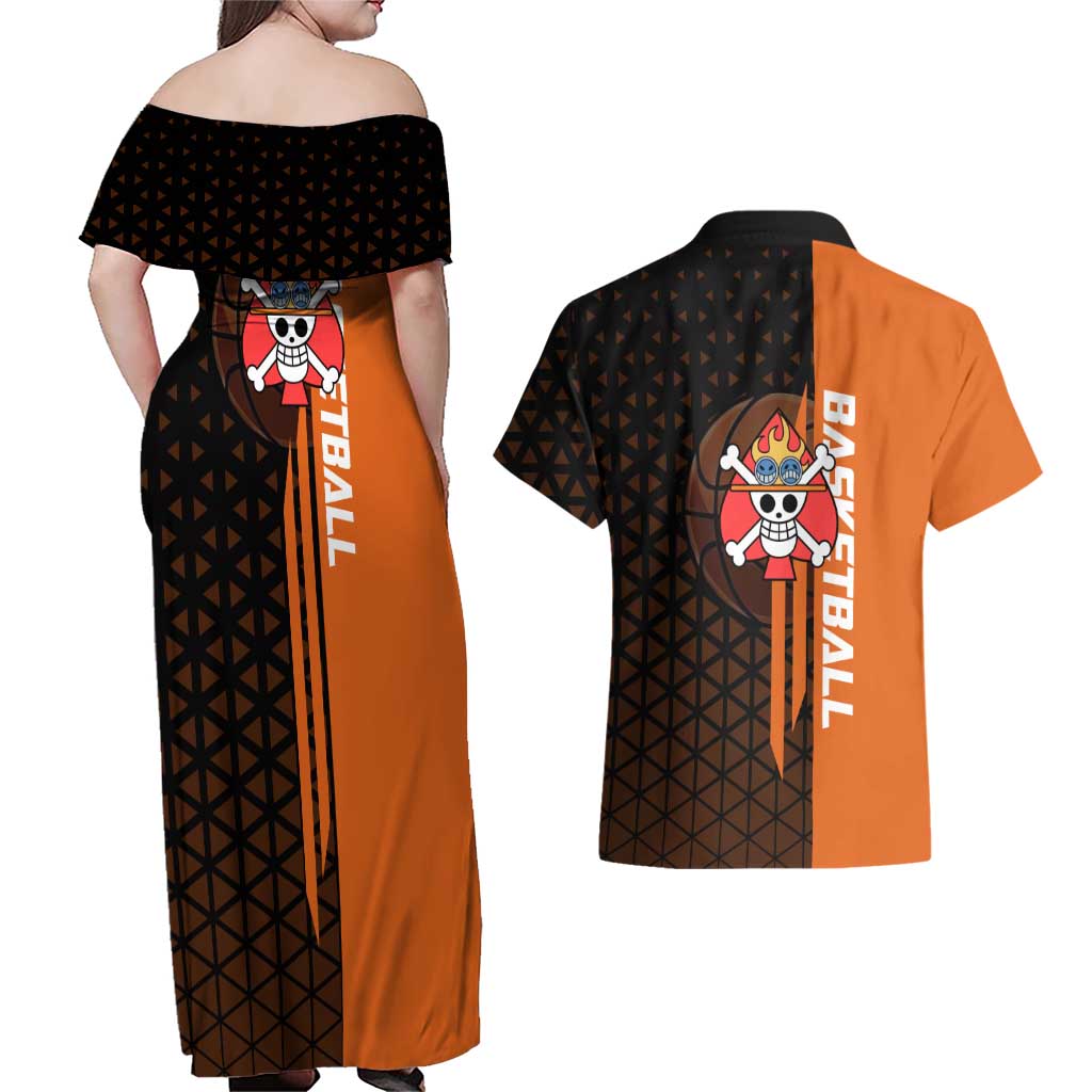 Portgas D Ace One Piece Basketball Theme Orange and Black Design Couples Matching Off Shoulder Maxi Dress and Hawaiian Shirt with Flame Ball and Whitebeard Pirates Emblem - The Mazicc