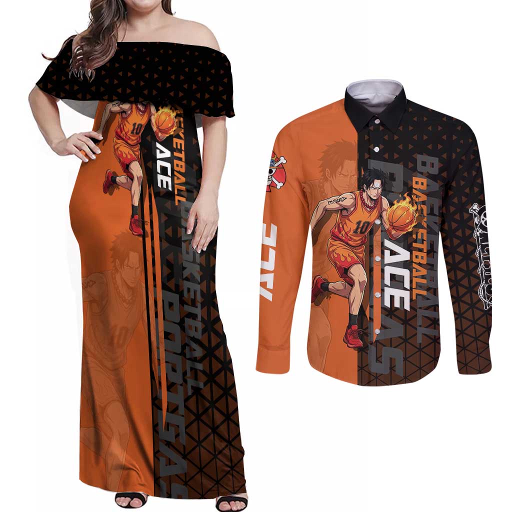Portgas D Ace One Piece Basketball Theme Orange and Black Design Couples Matching Off Shoulder Maxi Dress and Long Sleeve Button Shirt with Flame Ball and Whitebeard Pirates Emblem - The Mazicc