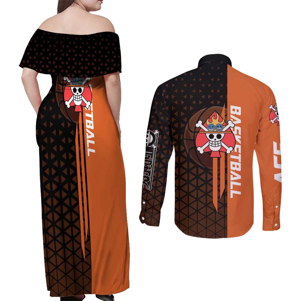 Portgas D Ace One Piece Basketball Theme Orange and Black Design Couples Matching Off Shoulder Maxi Dress and Long Sleeve Button Shirt with Flame Ball and Whitebeard Pirates Emblem - The Mazicc