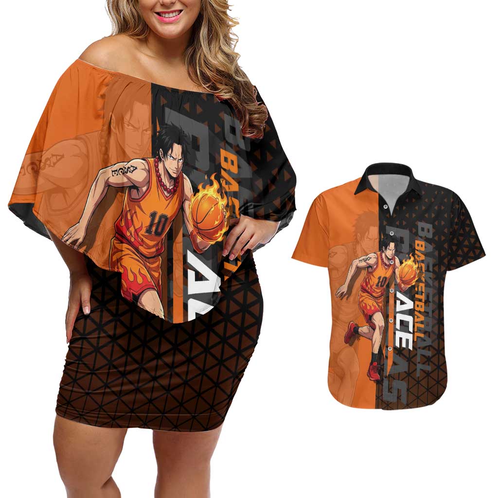 Portgas D Ace One Piece Basketball Theme Orange and Black Design Couples Matching Off Shoulder Short Dress and Hawaiian Shirt with Flame Ball and Whitebeard Pirates Emblem - The Mazicc