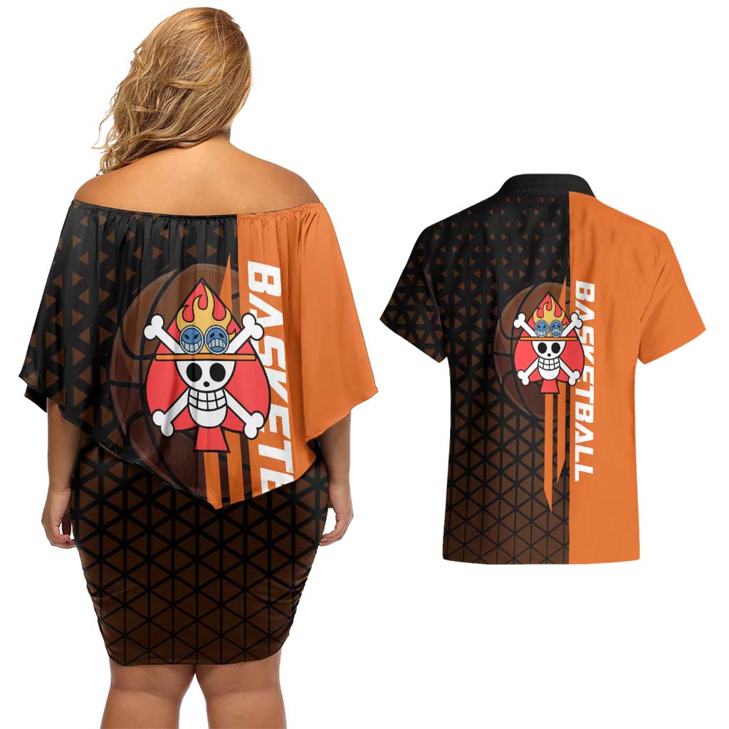 Portgas D Ace One Piece Basketball Theme Orange and Black Design Couples Matching Off Shoulder Short Dress and Hawaiian Shirt with Flame Ball and Whitebeard Pirates Emblem - The Mazicc