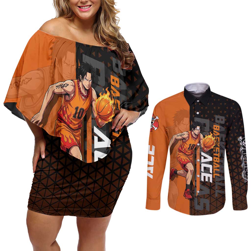 Portgas D Ace One Piece Basketball Theme Orange and Black Design Couples Matching Off Shoulder Short Dress and Long Sleeve Button Shirt with Flame Ball and Whitebeard Pirates Emblem - The Mazicc
