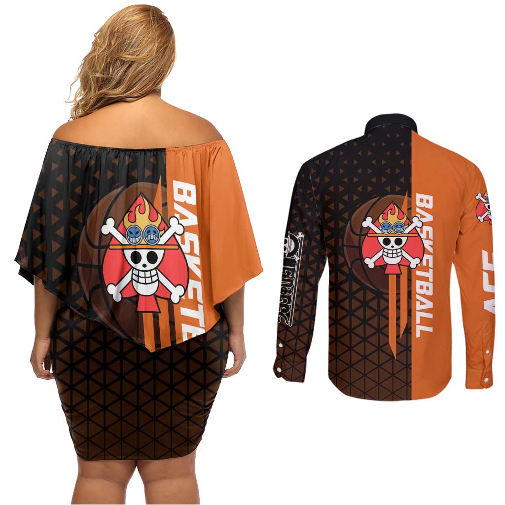 Portgas D Ace One Piece Basketball Theme Orange and Black Design Couples Matching Off Shoulder Short Dress and Long Sleeve Button Shirt with Flame Ball and Whitebeard Pirates Emblem - The Mazicc