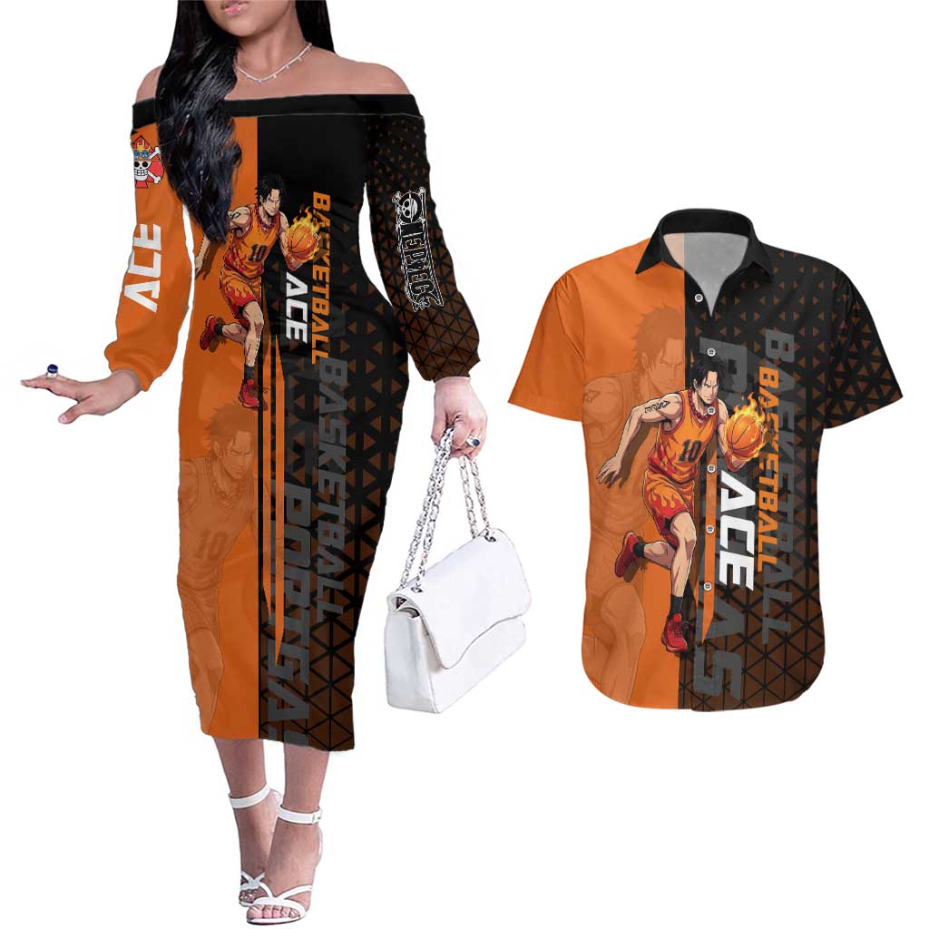 Portgas D Ace One Piece Basketball Theme Orange and Black Design Couples Matching Off The Shoulder Long Sleeve Dress and Hawaiian Shirt with Flame Ball and Whitebeard Pirates Emblem - The Mazicc