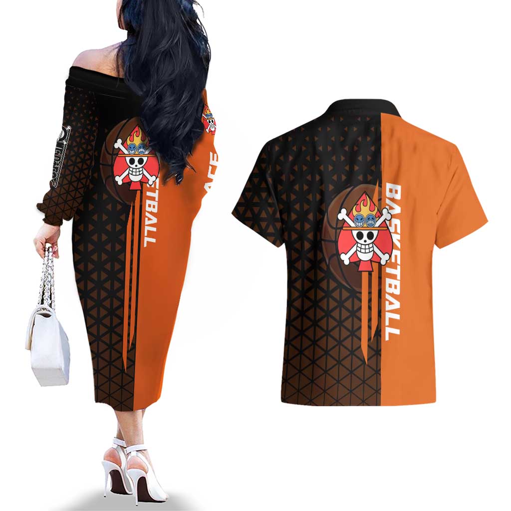 Portgas D Ace One Piece Basketball Theme Orange and Black Design Couples Matching Off The Shoulder Long Sleeve Dress and Hawaiian Shirt with Flame Ball and Whitebeard Pirates Emblem - The Mazicc