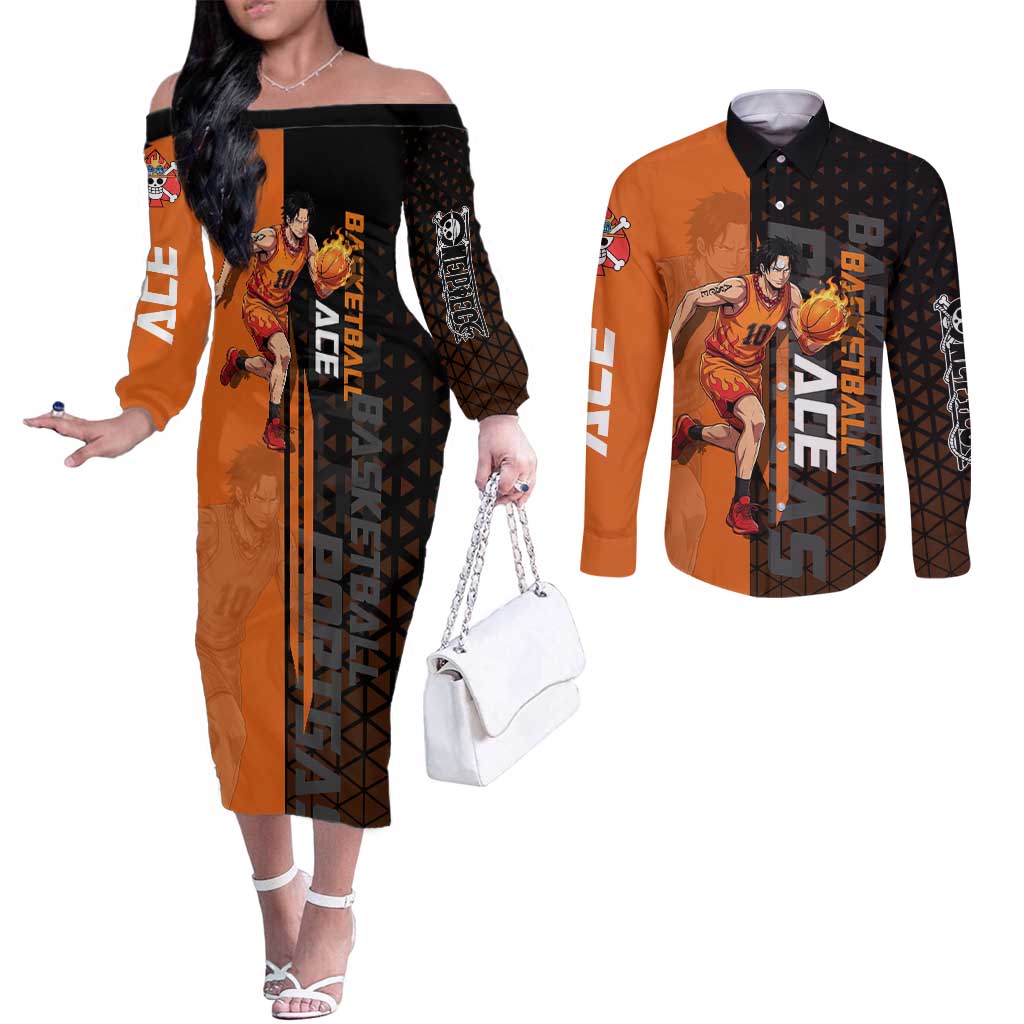 Portgas D Ace One Piece Basketball Theme Orange and Black Design Couples Matching Off The Shoulder Long Sleeve Dress and Long Sleeve Button Shirt with Flame Ball and Whitebeard Pirates Emblem - The Mazicc