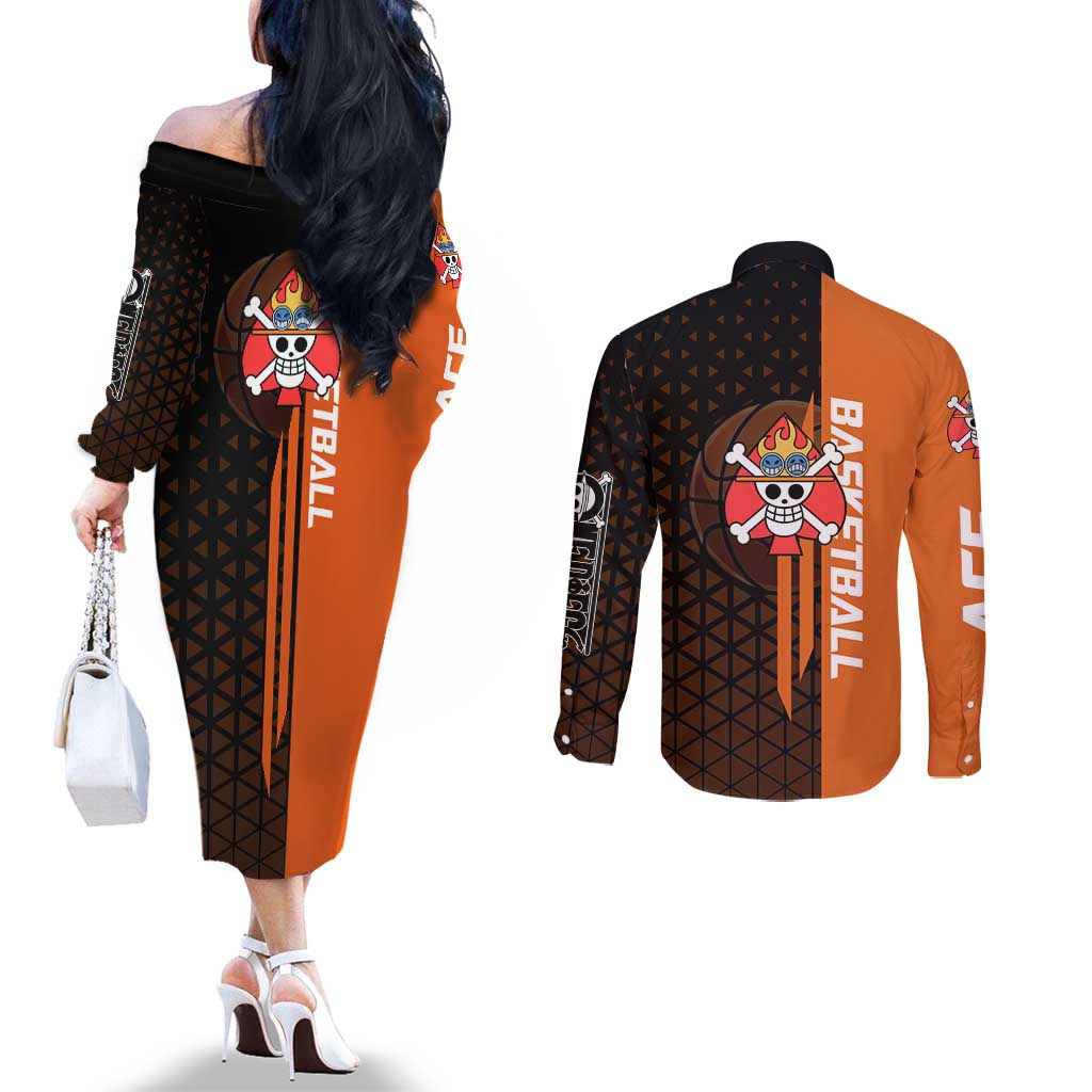 Portgas D Ace One Piece Basketball Theme Orange and Black Design Couples Matching Off The Shoulder Long Sleeve Dress and Long Sleeve Button Shirt with Flame Ball and Whitebeard Pirates Emblem - The Mazicc