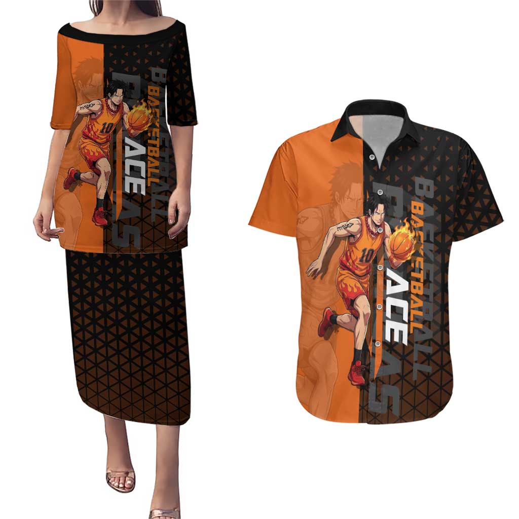 Portgas D Ace One Piece Basketball Theme Orange and Black Design Couples Matching Puletasi and Hawaiian Shirt with Flame Ball and Whitebeard Pirates Emblem - The Mazicc