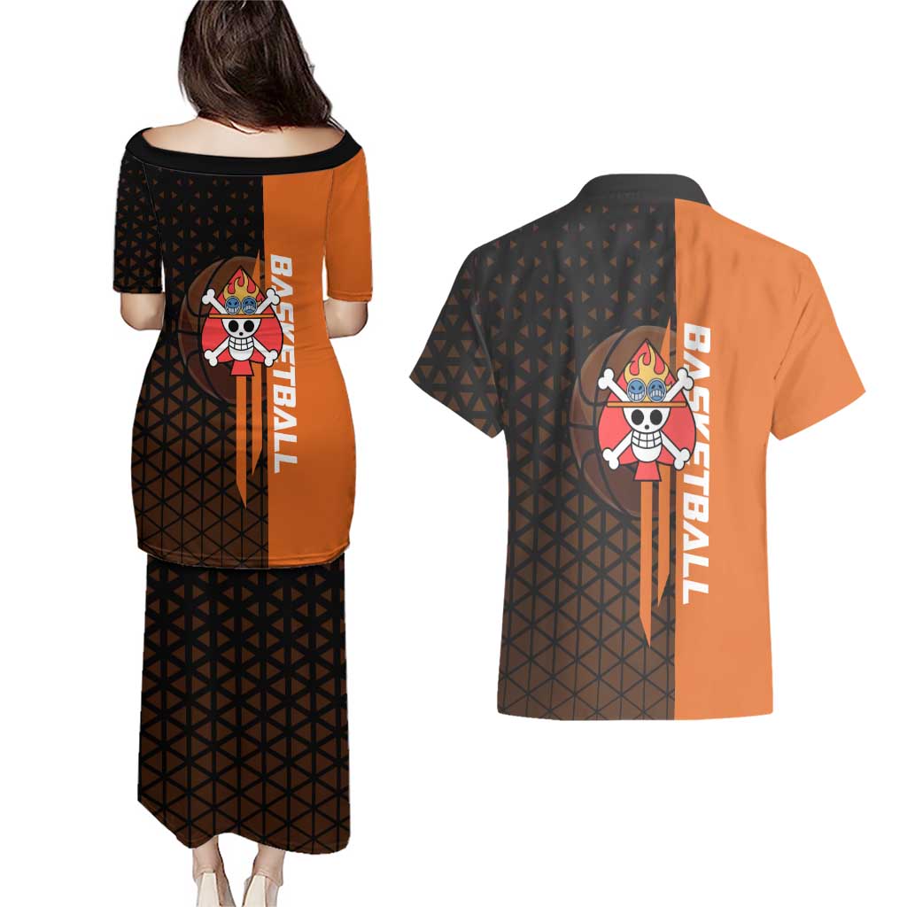 Portgas D Ace One Piece Basketball Theme Orange and Black Design Couples Matching Puletasi and Hawaiian Shirt with Flame Ball and Whitebeard Pirates Emblem - The Mazicc