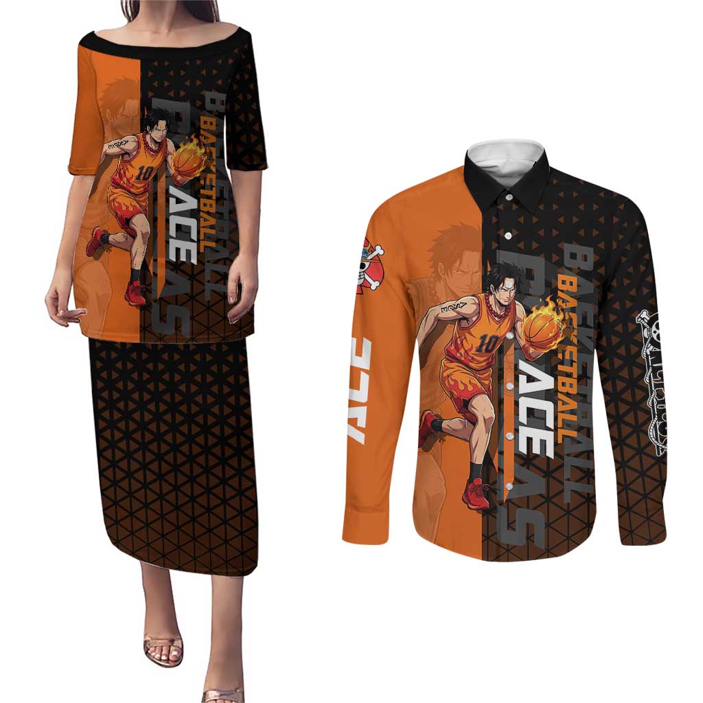 Portgas D Ace One Piece Basketball Theme Orange and Black Design Couples Matching Puletasi and Long Sleeve Button Shirt with Flame Ball and Whitebeard Pirates Emblem - The Mazicc