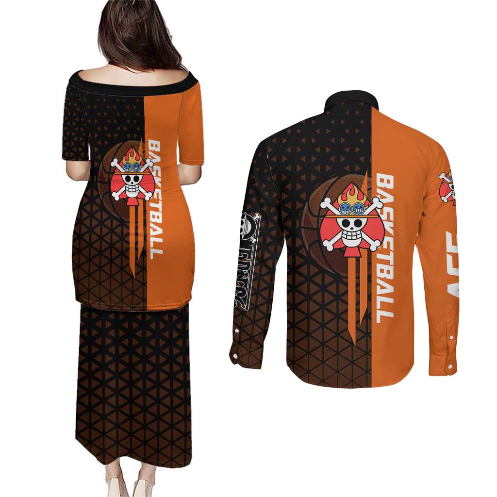 Portgas D Ace One Piece Basketball Theme Orange and Black Design Couples Matching Puletasi and Long Sleeve Button Shirt with Flame Ball and Whitebeard Pirates Emblem - The Mazicc