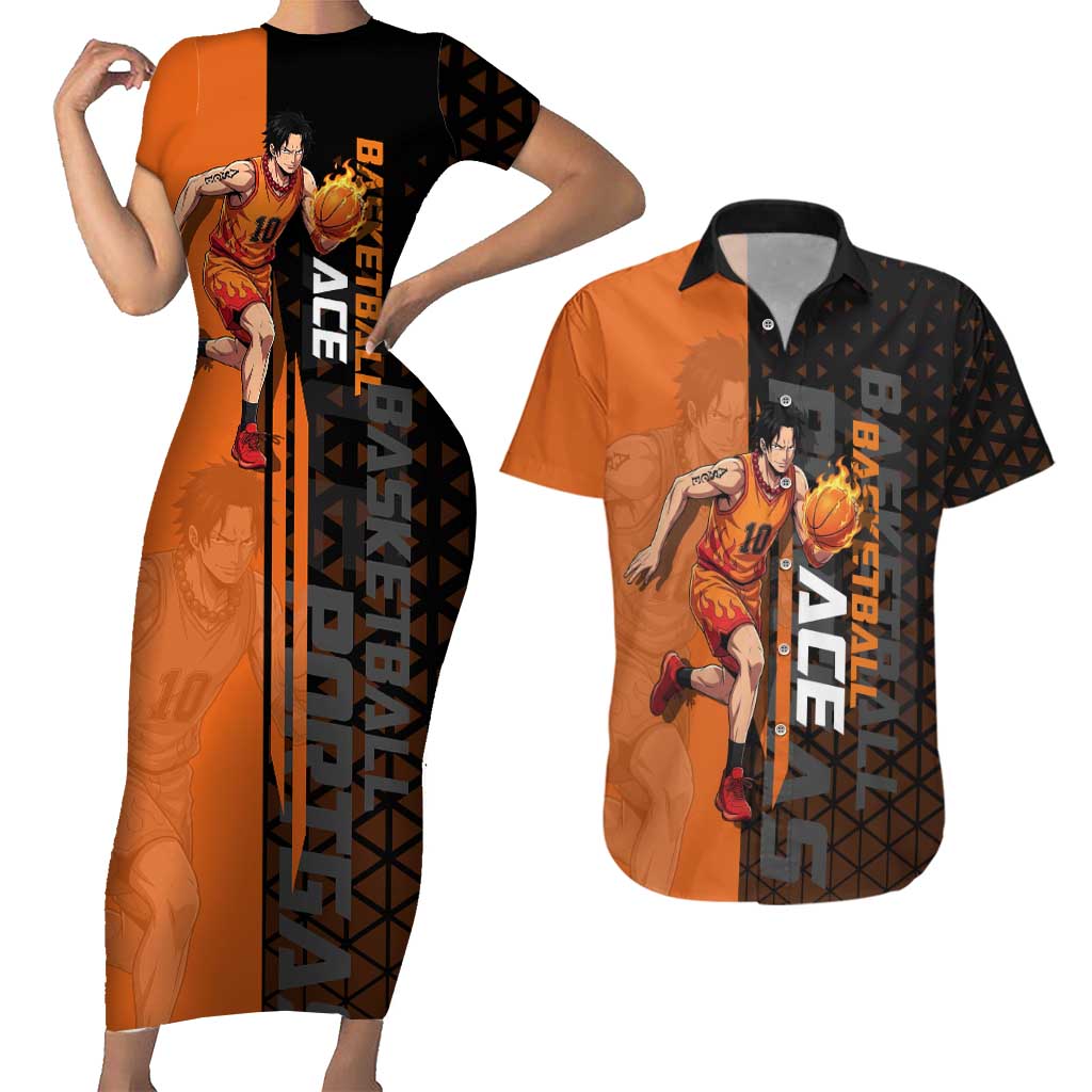 Portgas D Ace One Piece Basketball Theme Orange and Black Design Couples Matching Short Sleeve Bodycon Dress and Hawaiian Shirt with Flame Ball and Whitebeard Pirates Emblem - The Mazicc