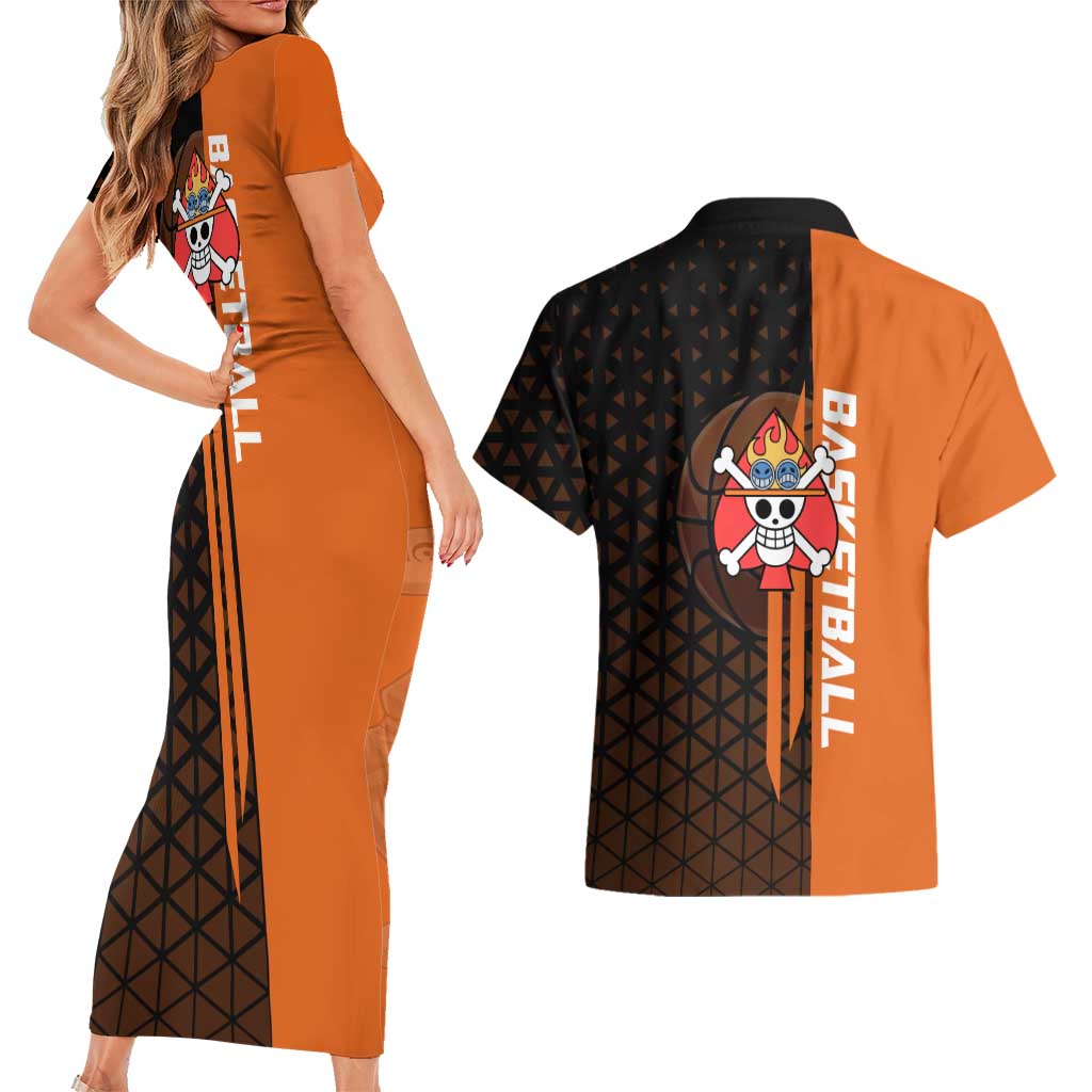 Portgas D Ace One Piece Basketball Theme Orange and Black Design Couples Matching Short Sleeve Bodycon Dress and Hawaiian Shirt with Flame Ball and Whitebeard Pirates Emblem - The Mazicc