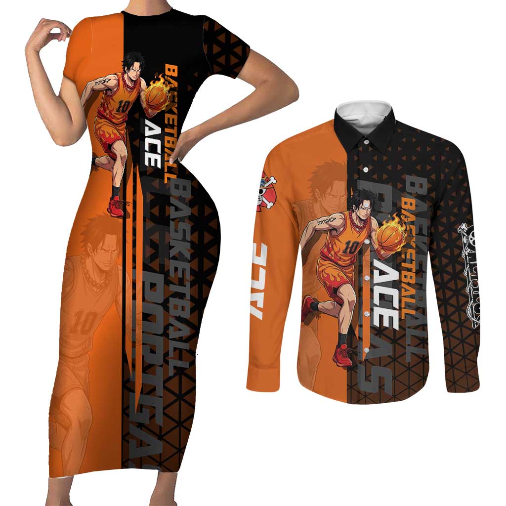 Portgas D Ace One Piece Basketball Theme Orange and Black Design Couples Matching Short Sleeve Bodycon Dress and Long Sleeve Button Shirt with Flame Ball and Whitebeard Pirates Emblem - The Mazicc