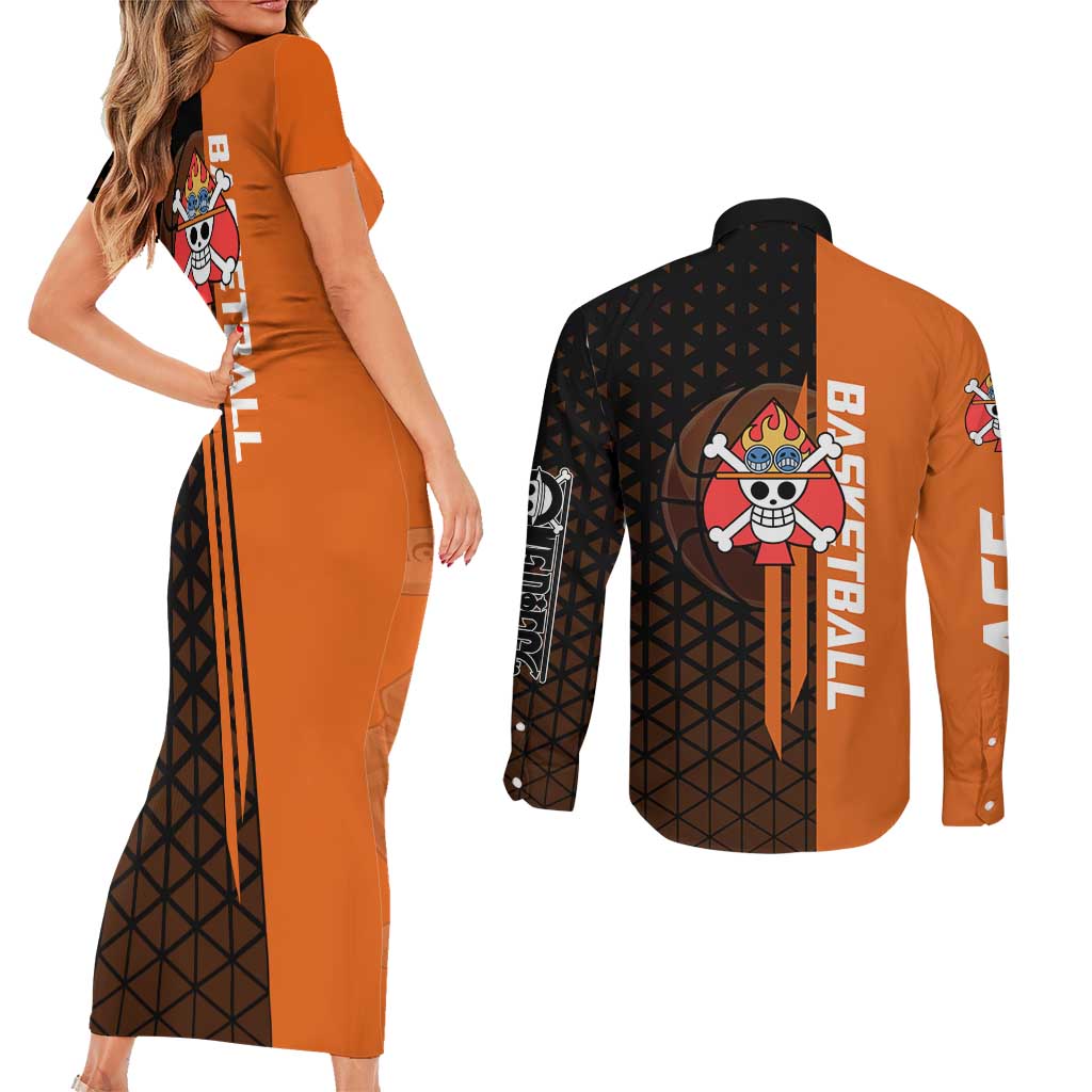 Portgas D Ace One Piece Basketball Theme Orange and Black Design Couples Matching Short Sleeve Bodycon Dress and Long Sleeve Button Shirt with Flame Ball and Whitebeard Pirates Emblem - The Mazicc
