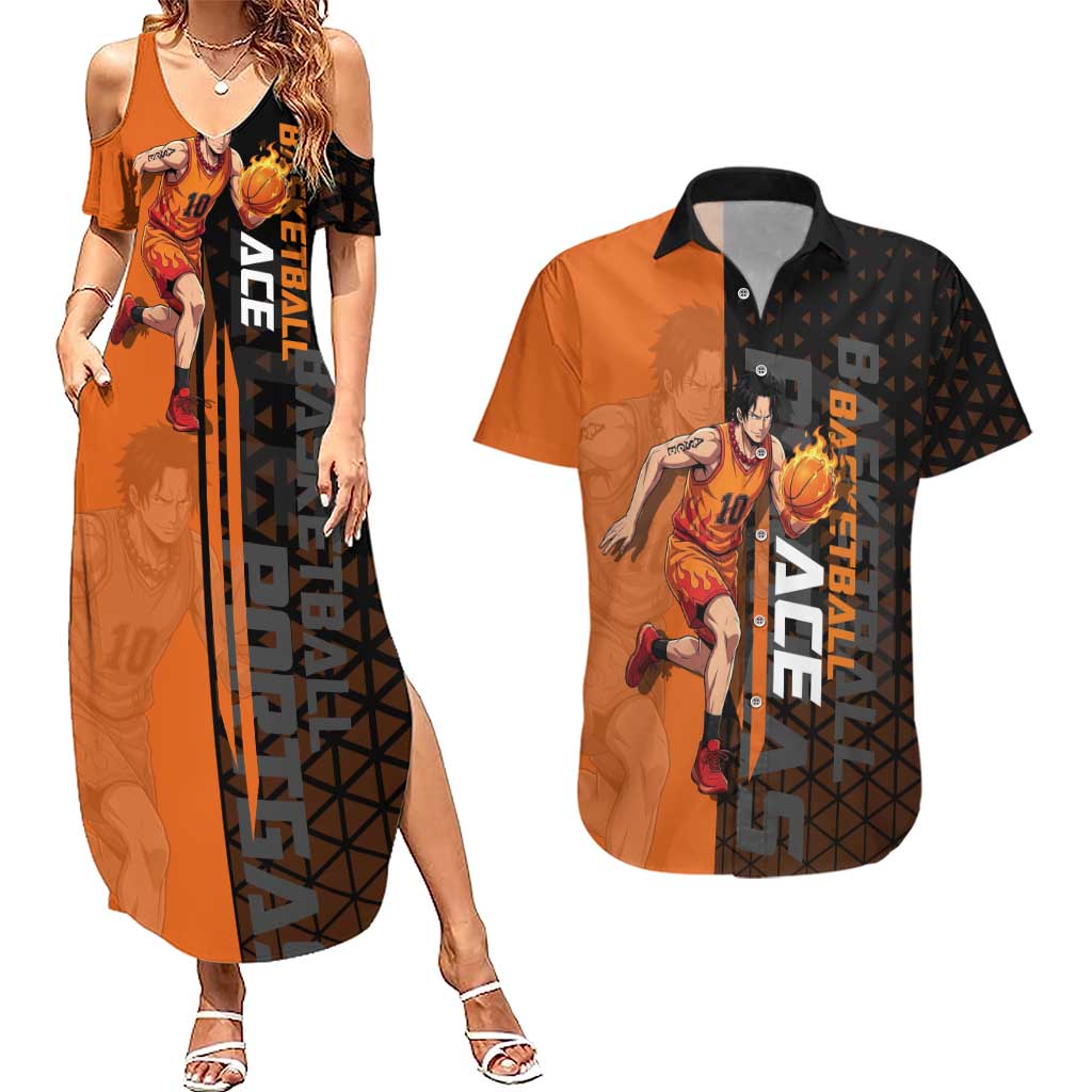 Portgas D Ace One Piece Basketball Theme Orange and Black Design Couples Matching Summer Maxi Dress and Hawaiian Shirt with Flame Ball and Whitebeard Pirates Emblem - The Mazicc